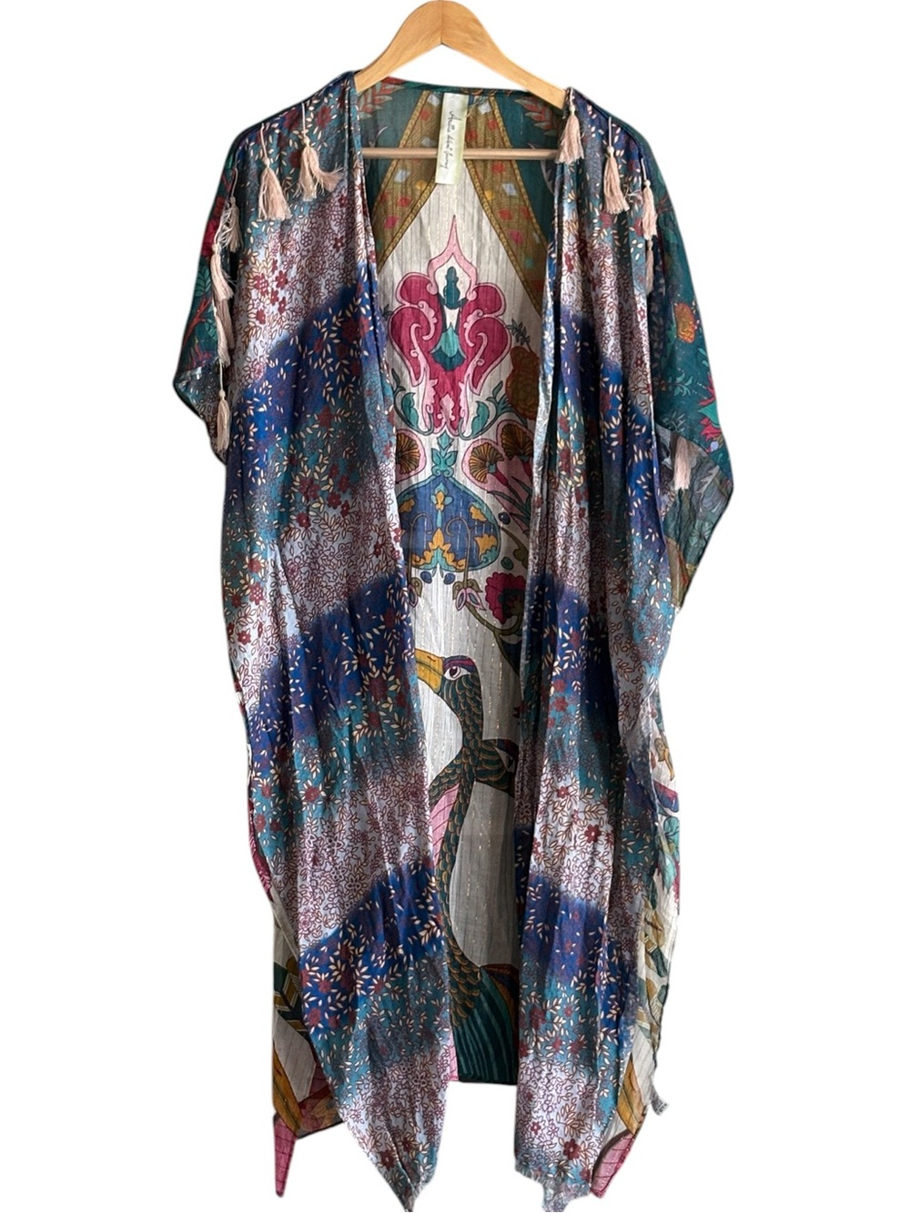 Anthropologie Aratta Silent Journey Duster Kimono Womens Peacock Tassel Festival